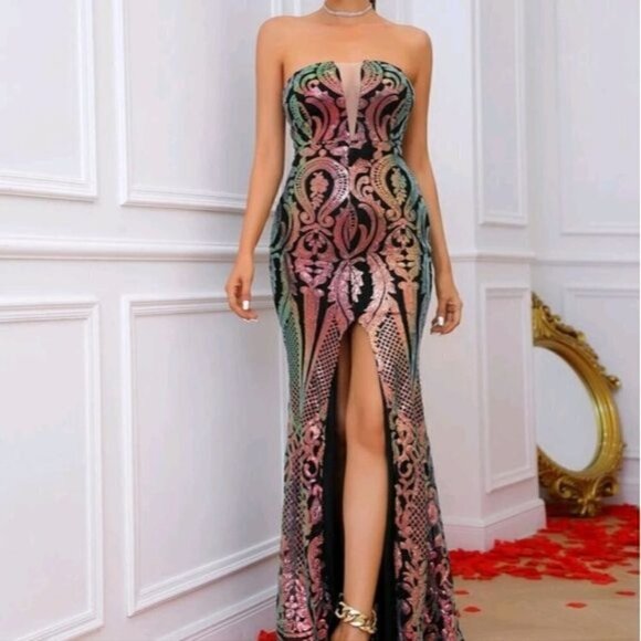 MULTICOLOR RANDOM PRINT SPECIAL EVENT MAXI DRESS - Picture 5 of 9